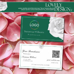 Cartão De Visita Rosa Branca Amorosa em Verde com Logotipo e Código