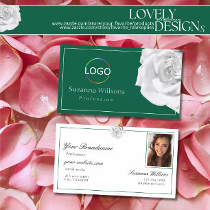 Cartão De Visita Rosa Branca Amorosa em Verde com Logotipo e Foto