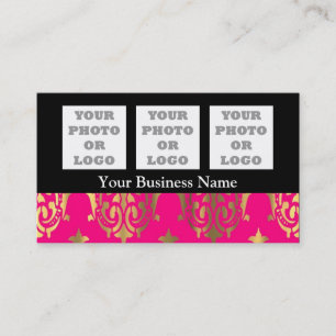 Cartão De Visita Rosa brilhante e damasco dourado a preto