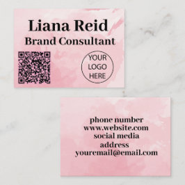 Cartão de visita rosa com código qr e logotipo