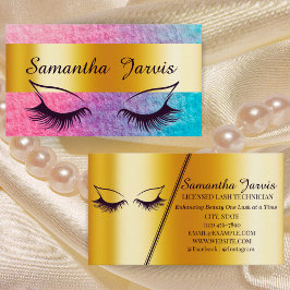 Cartão De Visita Rosa cor-de-rosa e azul com barra de cor dourada