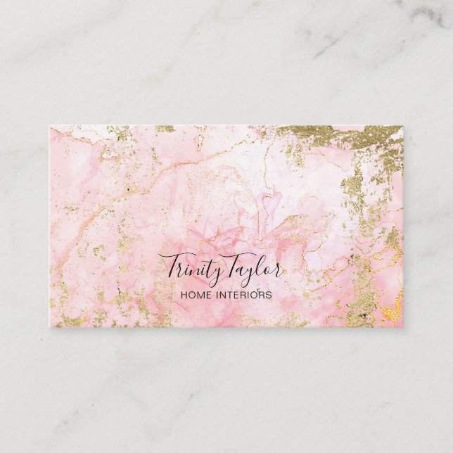 Cartão De Visita Rosa de Aquarela Quartz & Faux Gold Foil (Frente)