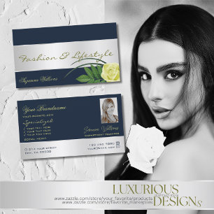 Cartão De Visita Rosa de Decoração Azul Escuro de Prata com Flor co