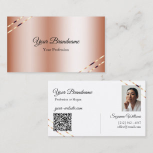 Cartão De Visita Rosa Dourado com Linhas Brilhantes Foto e Código Q