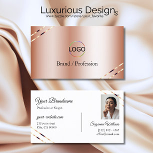 Cartão De Visita Rosa Dourado com Linhas Brilhantes Logotipo e Foto