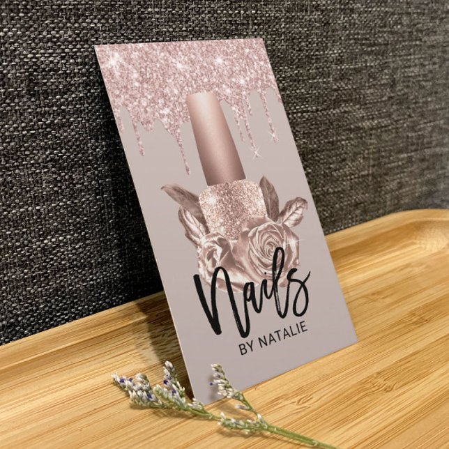 Cartão De Visita Rosa Dourado Drives Floral Nail Manicurist Polonês (Criador carregado)