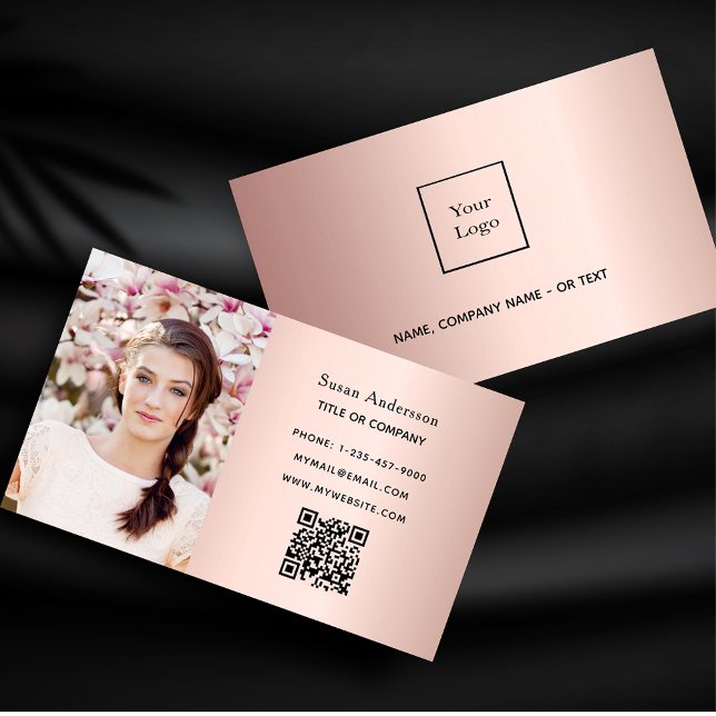 Cartão De Visita Rosa dourado foto QR code elegante fêmea (Criador carregado)