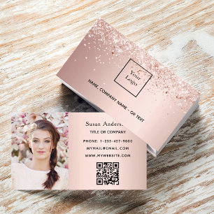 Cartão De Visita Rosa dourado foto QR code gliter fêmea