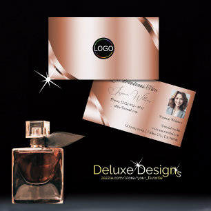 Cartão De Visita Rosa Dourado Glamouroso com Logo e Foto