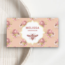 Cartão De Visita Rosa empoeirado rústico floral rosa dourado abelha