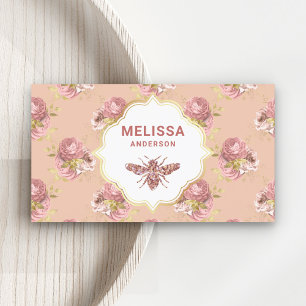 Cartão De Visita Rosa empoeirado rústico floral rosa dourado abelha