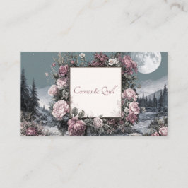 Cartão De Visita Rosa Floral Gravada e Paisagem Noturna de Lua Chei