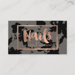 Cartão De Visita Rosa Floral Preto Texto Dourado Nail Cinza Salon