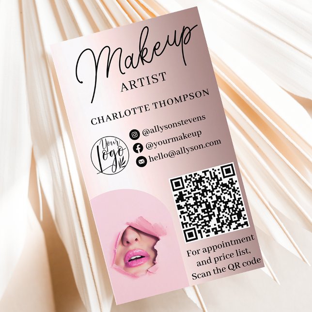 Cartão De Visita Rosa Gold foil makeup logo Qr code 2 fotos (Rose Gold foil makeup logo Qr code 2 photos Business Card)