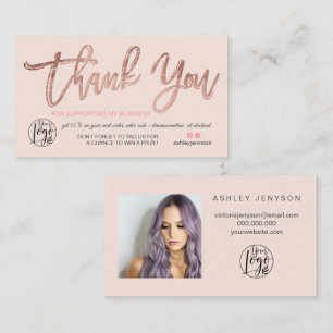Cartão De Visita Rosa gold script foto logotipo obrigado cor-de-ros