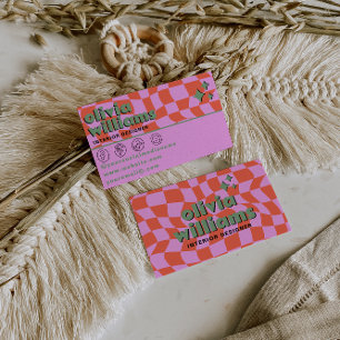 Cartão De Visita Rosa Laranja Boho Groovy Xadrez Único Retro