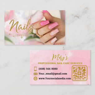 Cartão De Visita Rosa Minimalista do Unhas Manicure com código QR
