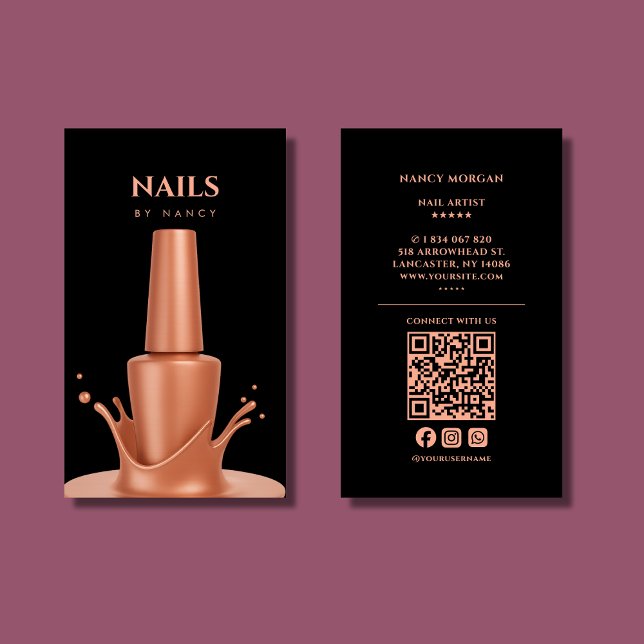 Cartão de visita rosa ouro código qr esmalte de un (Criador carregado)