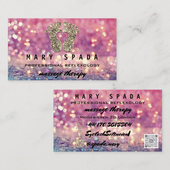 Cartão De Visita Rosa QRCode de Pés de Reflexologia com Terapêutica (Frente/Verso)