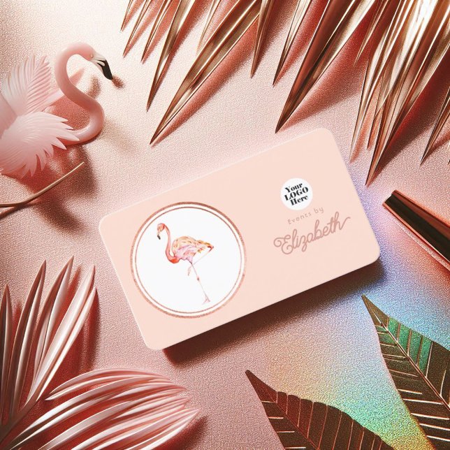 Cartão De Visita Rosa Tropical Dourada e Flamingo Rosa Esbranquiçad (Tropical Rose Gold and Blush Pink Flamingo Business Card)