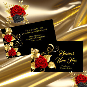 Cartão De Visita Rosa vermelha Elegante, preto e Dourado Folha