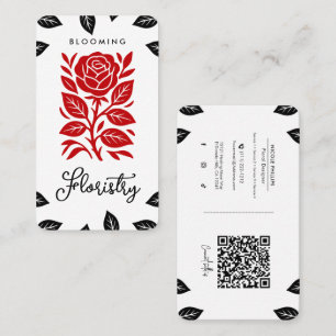 Cartão De Visita Rosa vermelho e preto deixa mídia social floral QR