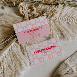 Cartão De Visita Rosa Xadrez Floral Boho Moderno Retro