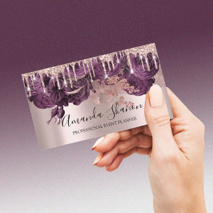 Cartão De Visita Rosas Blush Purple Glitter Logo Planejador de Even