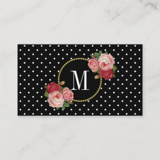 Cartão De Visita Rosas de Vintage de Pontos Brancos Pretos Monogram