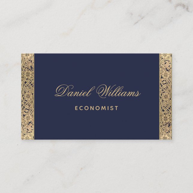 Cartão De Visita Rosas e Caligrafia Dourados com Elegância Azul-mar (Frente)