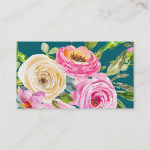 Cartão De Visita Rosas em Aquarela em Rosa e Creme sobre Azul Turqu