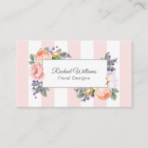 Cartão De Visita Rosas em Aquarela, Listras Lavanda e Rosa