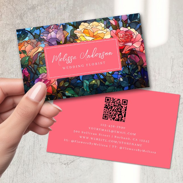 Cartão De Visita Rosas Florais de Vidro Estampado Código QR (Criador carregado)