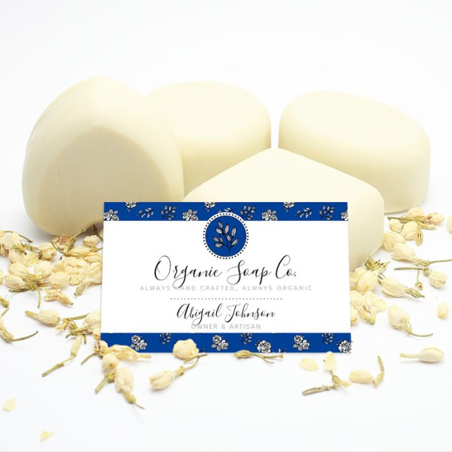 Cartão De Visita Rosas Real Azuis Desenhados à Mão e Folhas Artisan (Criador carregado)