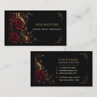 Cartão De Visita Rosas Vermelhas Góticas Pretas e Douradas Elegante