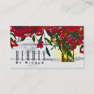 Cartão De Visita Rosas Vermelhas Românticas em Aquarela & Lanterna 