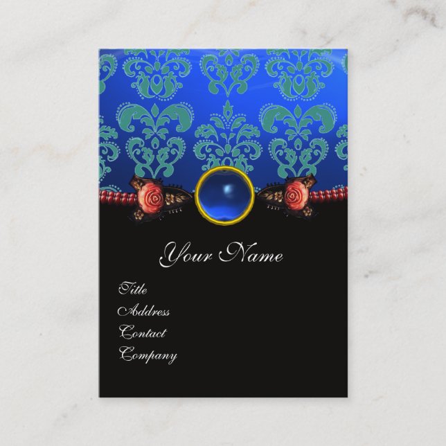 CARTÃO DE VISITA ROSAS VERMELHOS DE CORAL, MONOGRAMA AZUL NEGRO AQU (Frente)