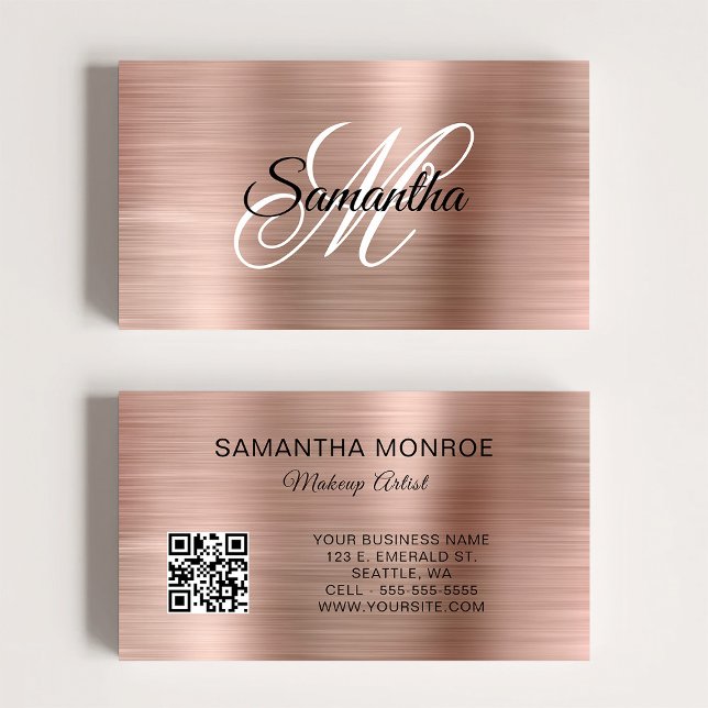 Cartão De Visita Rose Gold Foil Fancy Monogram QR Code (Rose Gold Foil Fancy Monogram QR Code Business Card)