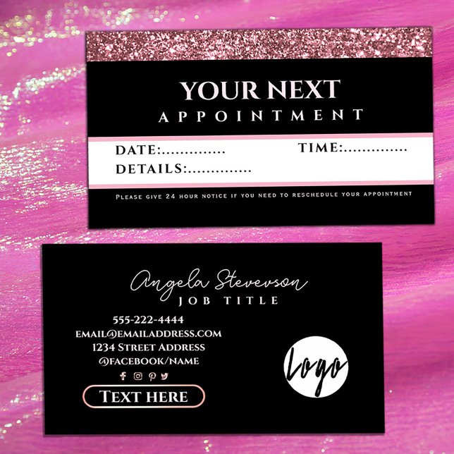 Cartão De Visita Rose Gold Glitter Beauty Salon appointment card (Rose Gold Glitter Beauty Salon appointment card #zazzlemade #yournextappointment #luxuryappointment)