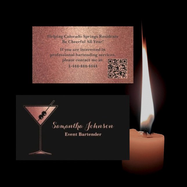 Cartão De Visita Rose Gold Glitter Event Bartender QR Code (Criador carregado)
