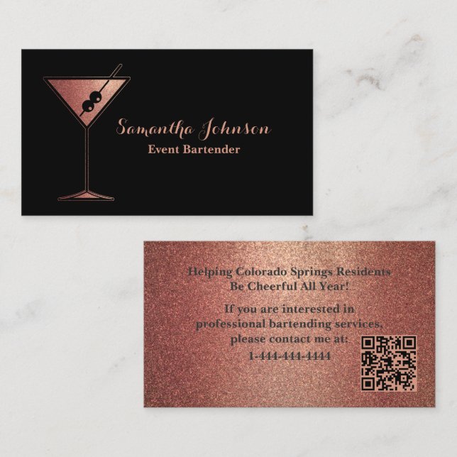 Cartão De Visita Rose Gold Glitter Event Bartender QR Code (Frente/Verso)