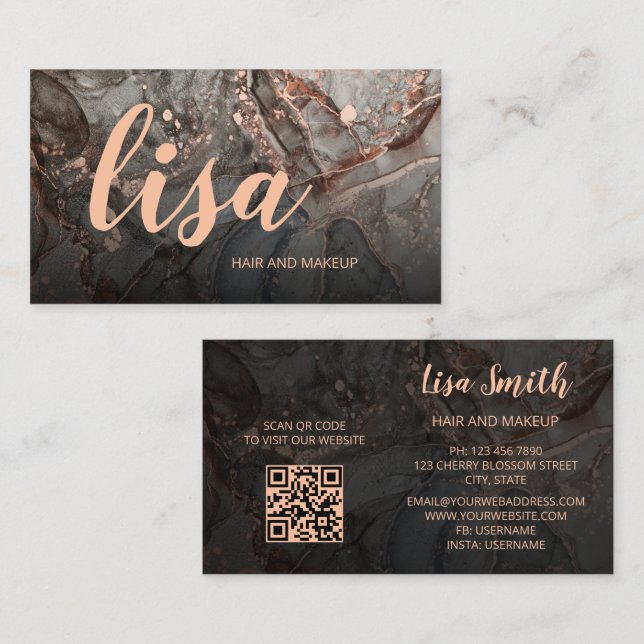 Cartão De Visita Rose Gold Gray Ink Marble Scan QR Code Business Ca (Frente/Verso)