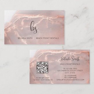 Cartão De Visita Rose Gold Ink Marble Black Initials