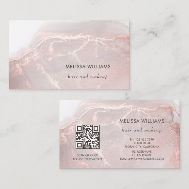 Cartão De Visita Rose Gold  Ink Marble | QR Code (Frente/Verso)
