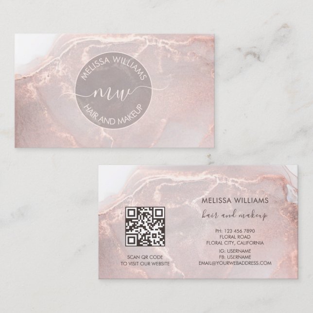 Cartão De Visita Rose Gold  Ink Marble | QR Code (Frente/Verso)