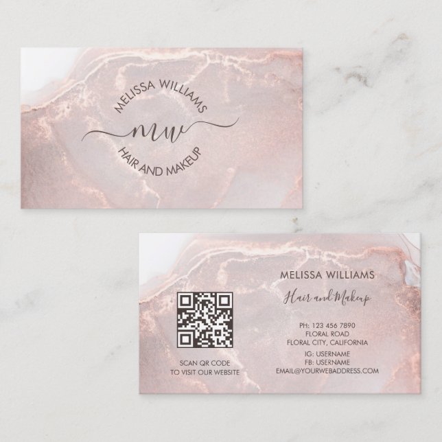 Cartão De Visita Rose Gold  Ink Marble | QR Code (Frente/Verso)