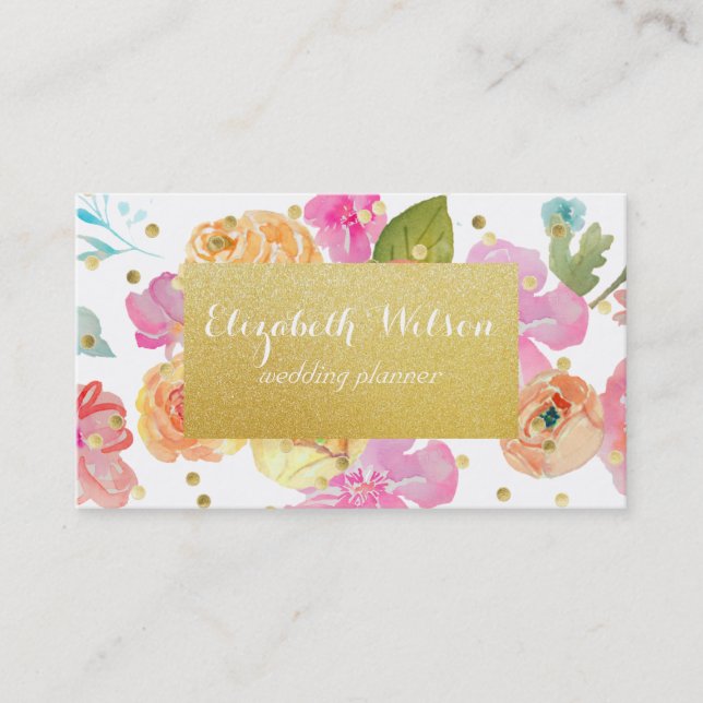 Cartão De Visita Rótulo do ouro e confete em flores aquarelas (Frente)