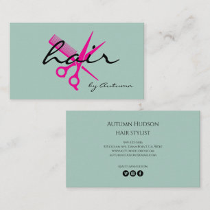 Cartão De Visita Rótulo Moderno de Estilista de Cabelo Rosa Menta 