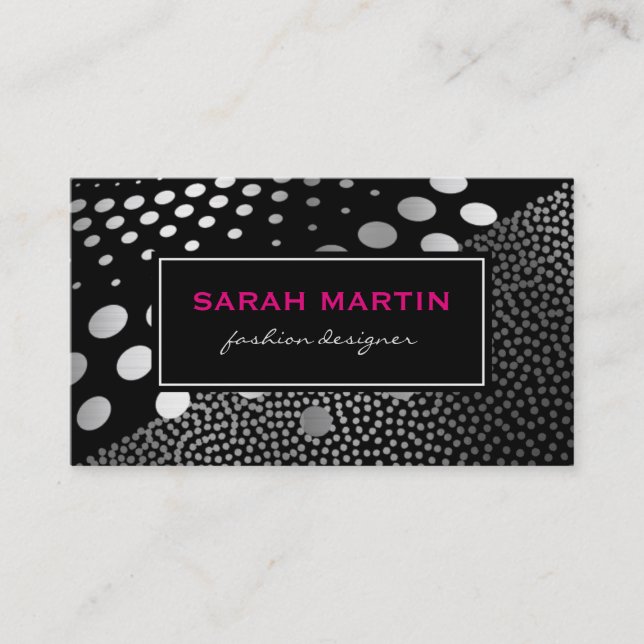 Cartão De Visita Rótulo Preto do Padrão de Pontos Metálicos Chic (Frente)