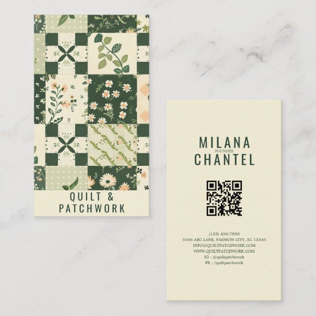Cartão De Visita Roupa Feita à Mão com Colcha Verde de Patchwork (Frente/Verso)